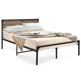 Rustic FarmHome Metal Wood Platform Bed Frame in Queen Size (size: Queen)
